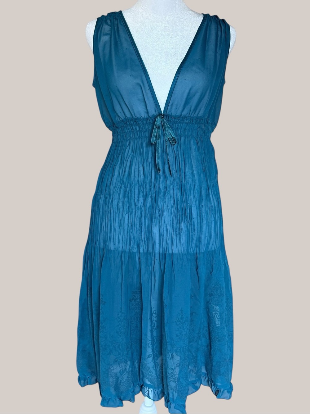 Sheer Teal Fairycore Dress Deep V Ethereal Boho Babydoll S